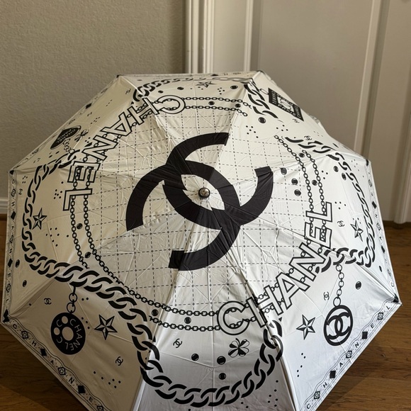 CHANEL Accessories - CHANEL White and Black Logo Canopy Umbrella